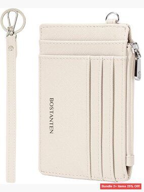 Slim RFID Leather Card Holder Wallet with Wrist Strap Keychain Zipper Pocket